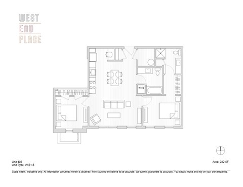 Floor plan for 2 beds, 2 baths, 932 sqft